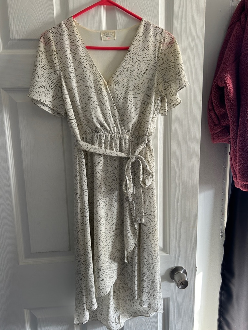 Ivory Wrap Midi Dress with Subtle Black Dot Print